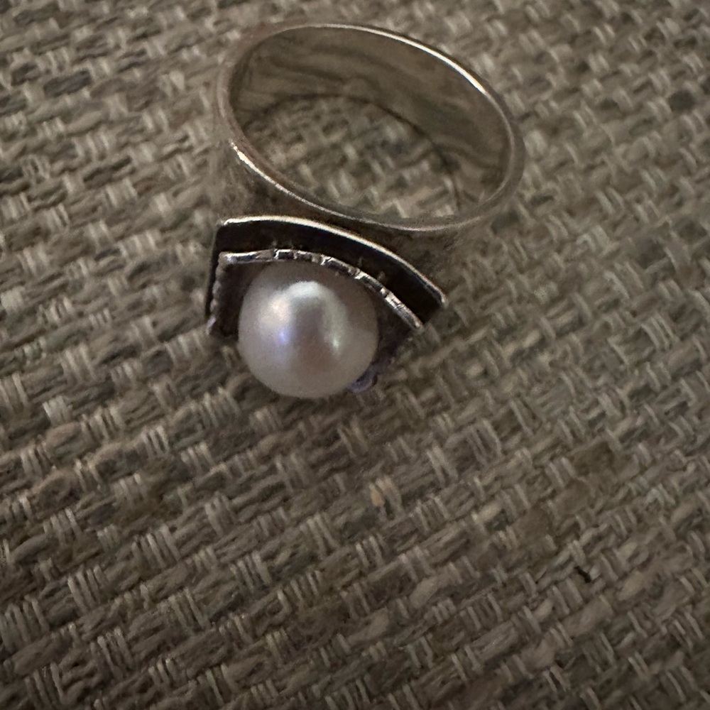 SILPADA Sterling Silver Pearl Ring R0898 | Hammered Wide Band Size 7 Gift Box - Picture 10 of 11